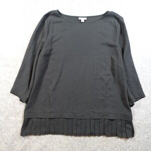 J. Jill Top Womens Large Black Tunic 3/4 Sleeve Boat Neck Pleated Hem Blouse